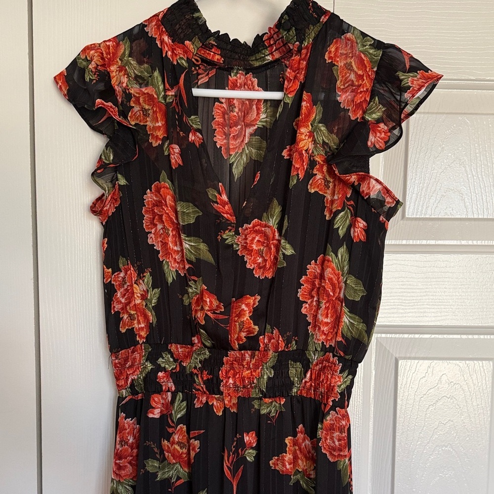 Black Floral Maxi Dress Smocked Waist Ruffle Romantic Wedding Guest Sz 0 - Picture 9 of 10